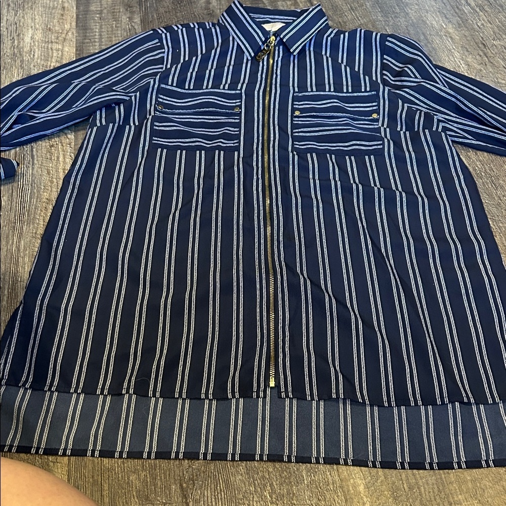 Michael Kors Navy and White Striped Zip Up Shirt Size Large
